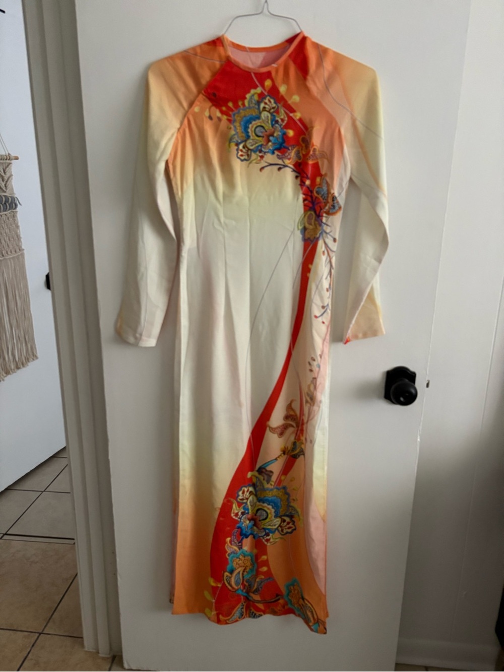 Ao Dai Long Sleeve Floral Gradient Dress in Orange and Cream